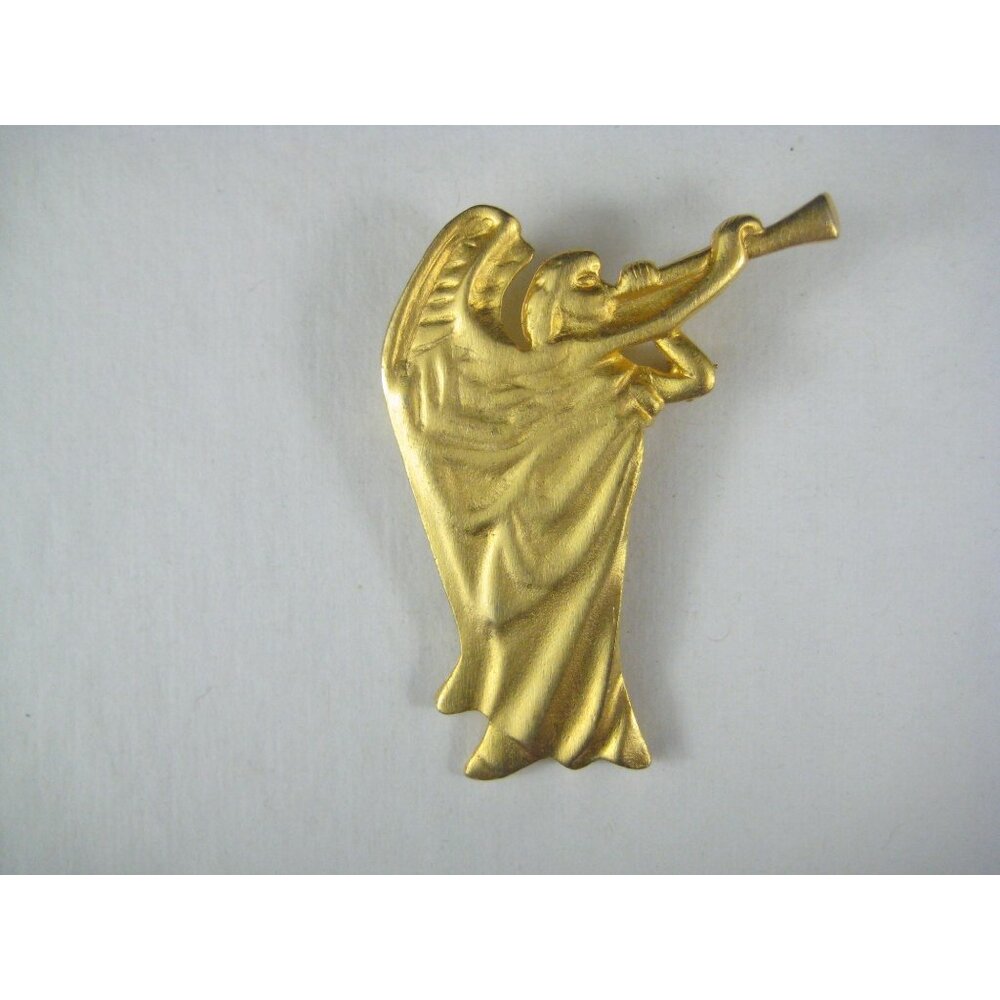 Angel Playing Trumpet Brooch Pin Vintage 1980s Goldtone